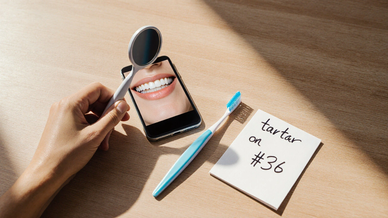 Dentální zrcátko a mobilní fotografie zubního kamene na stole s poznámkami.