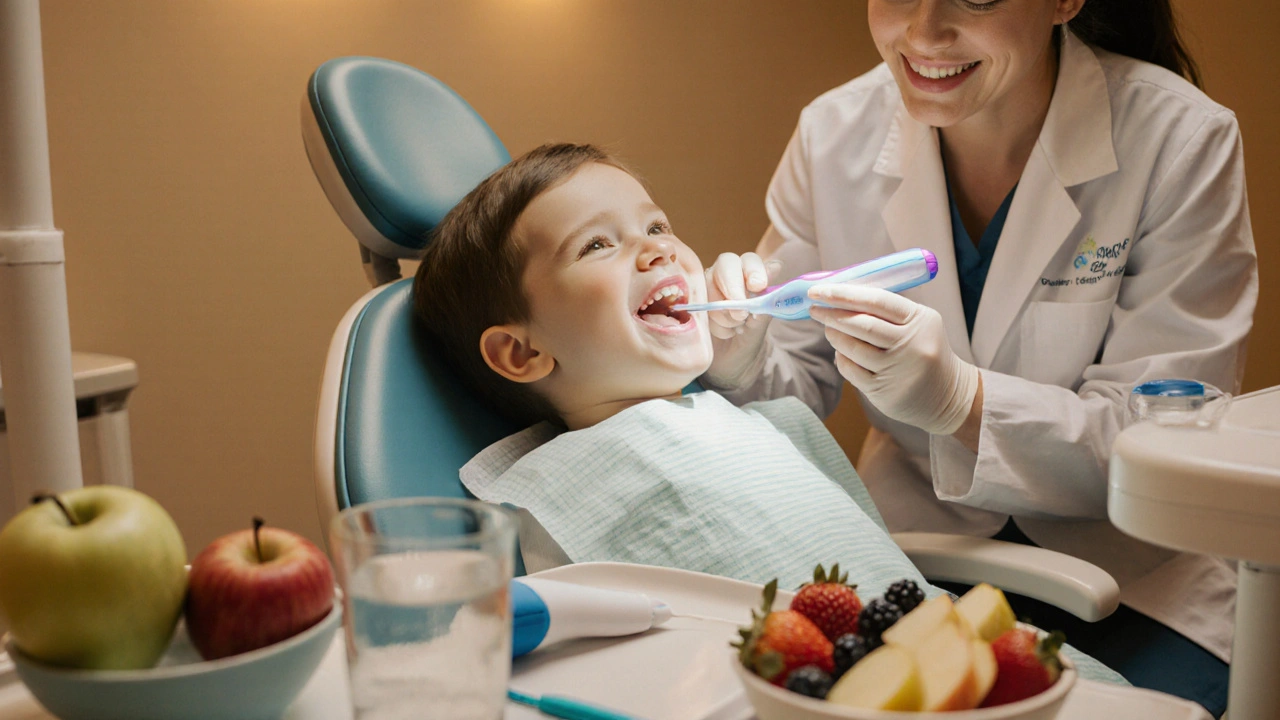 Dentista kontroluje dětské zuby, v pozadí zdravé jídlo a dentální pomůcky.