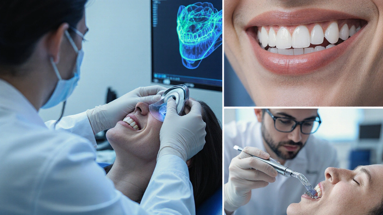 Dentista připravuje a nasazuje tenkou porcelánovou fazetu na zub.