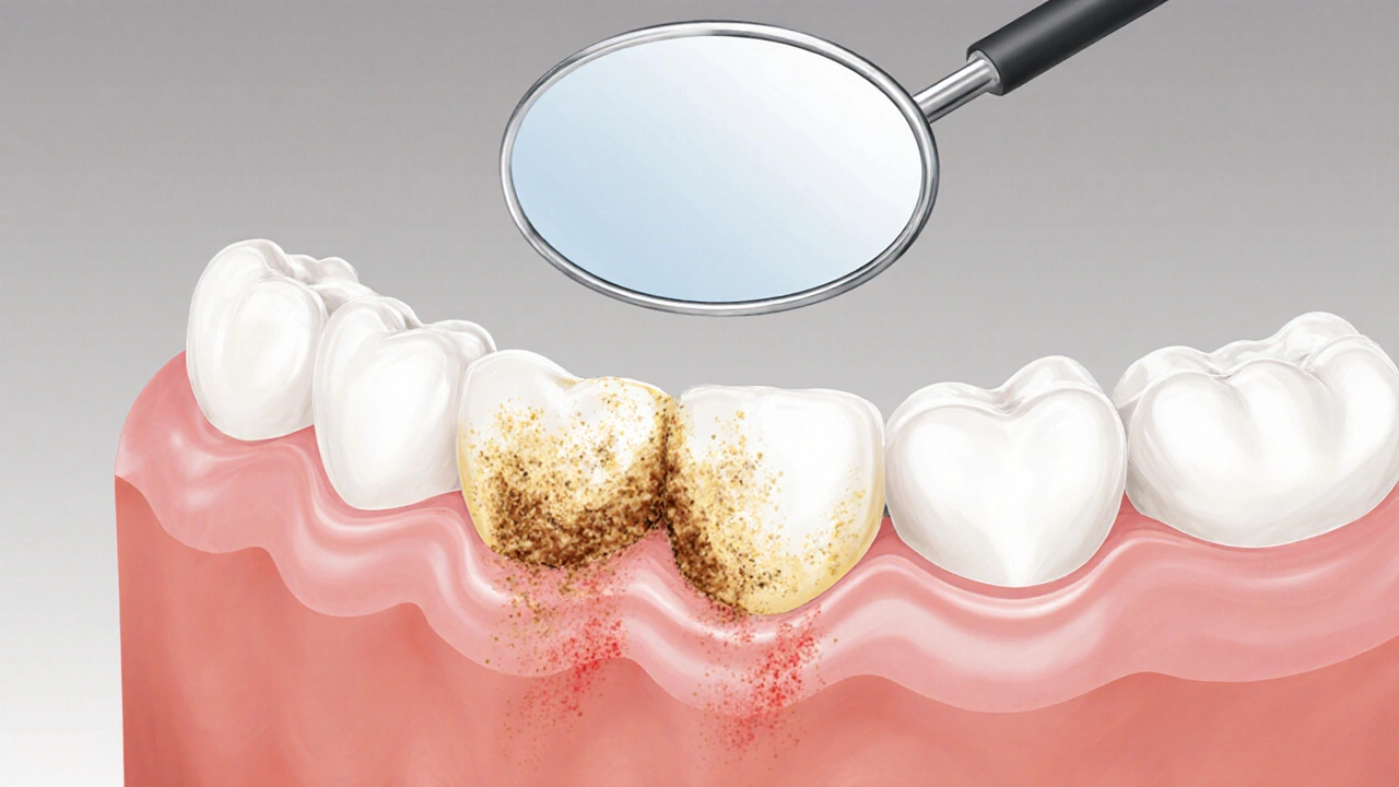 Detailní zobrazení zubního kamene a zánětu dásní v odrazu dentálního zrcátka.