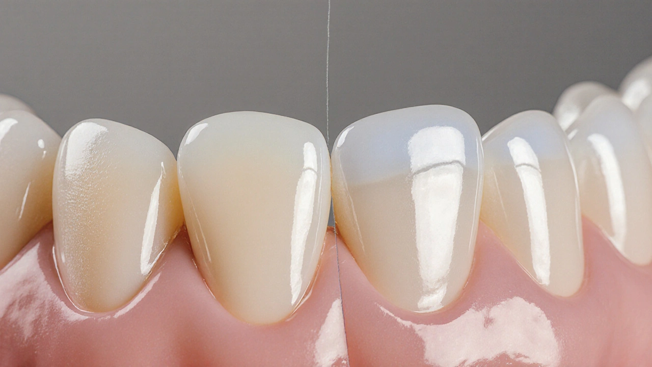 Dva zuby – jeden s kompozitní, druhý s keramickou fazetou – vedle sebe.