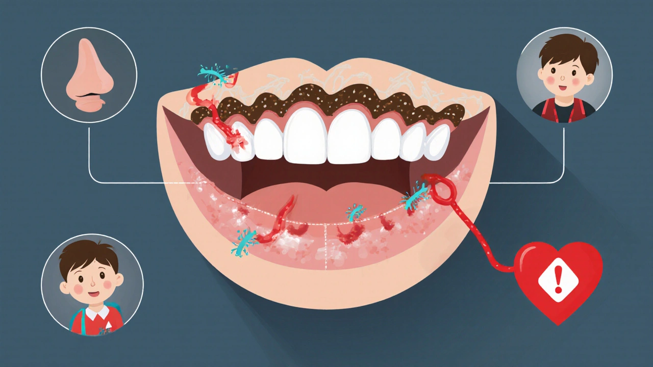 Křížový řez dětského ústního ústrojí s bakteriemi, zubním kamenem a spojením s celkovým zdravím.
