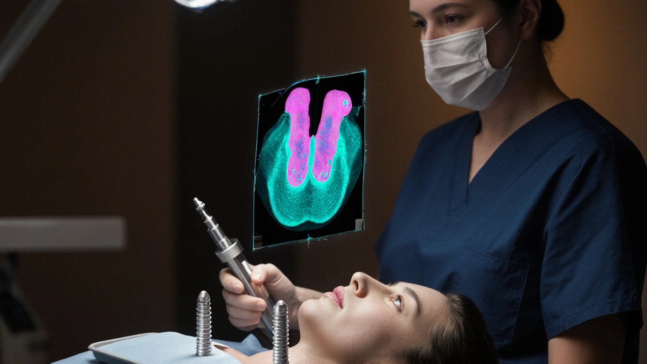 Operátor s vodně chlazeným vrtákem vkládá implantát pod CT‑vyhledávací obrazovkou.