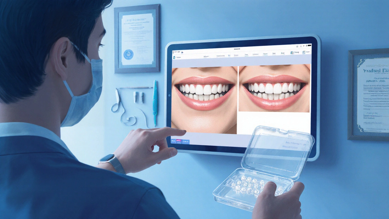 Ortodontista ukazuje digitální 3D simulaci úsměvu, pacient drží case s alignery.