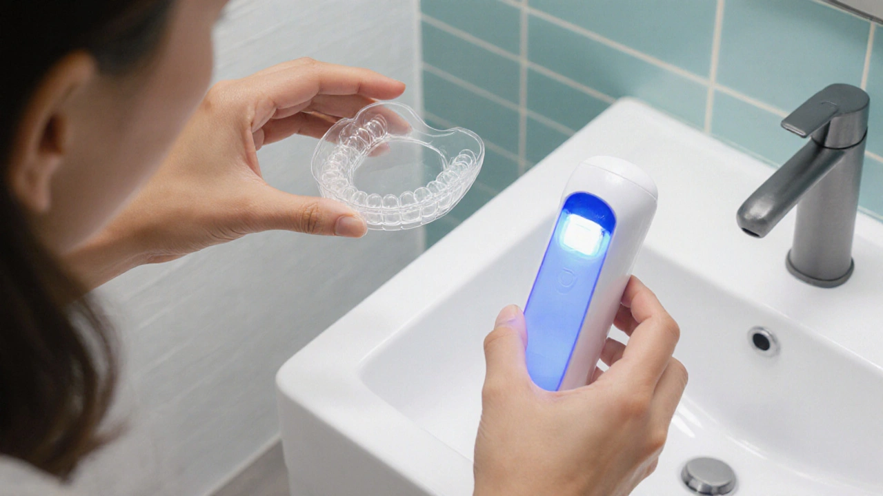 Osoba drží silikonový výztuh naplněný bělícím gelem a LED lampu