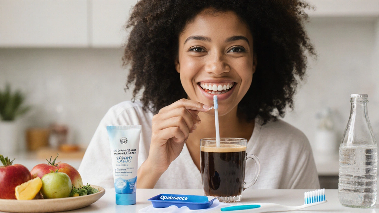 Osoba pije kávu přes slámku po bělení, symbolizující udržení výsledku.