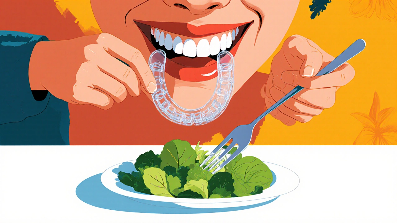 Osoba si během jídla vyjímá průhledný aligner a drží vidličku se zeleninou.