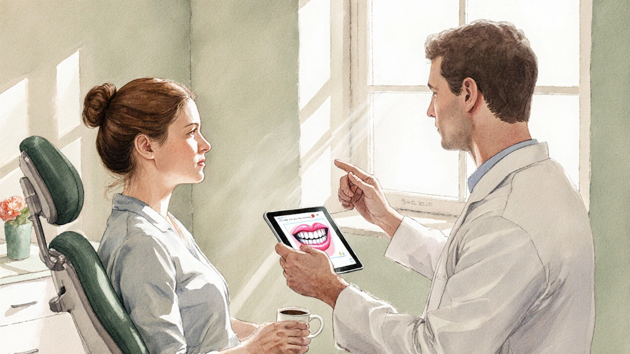 Pacient a zubař konzultují volbu fazet v moderní ordinaci.