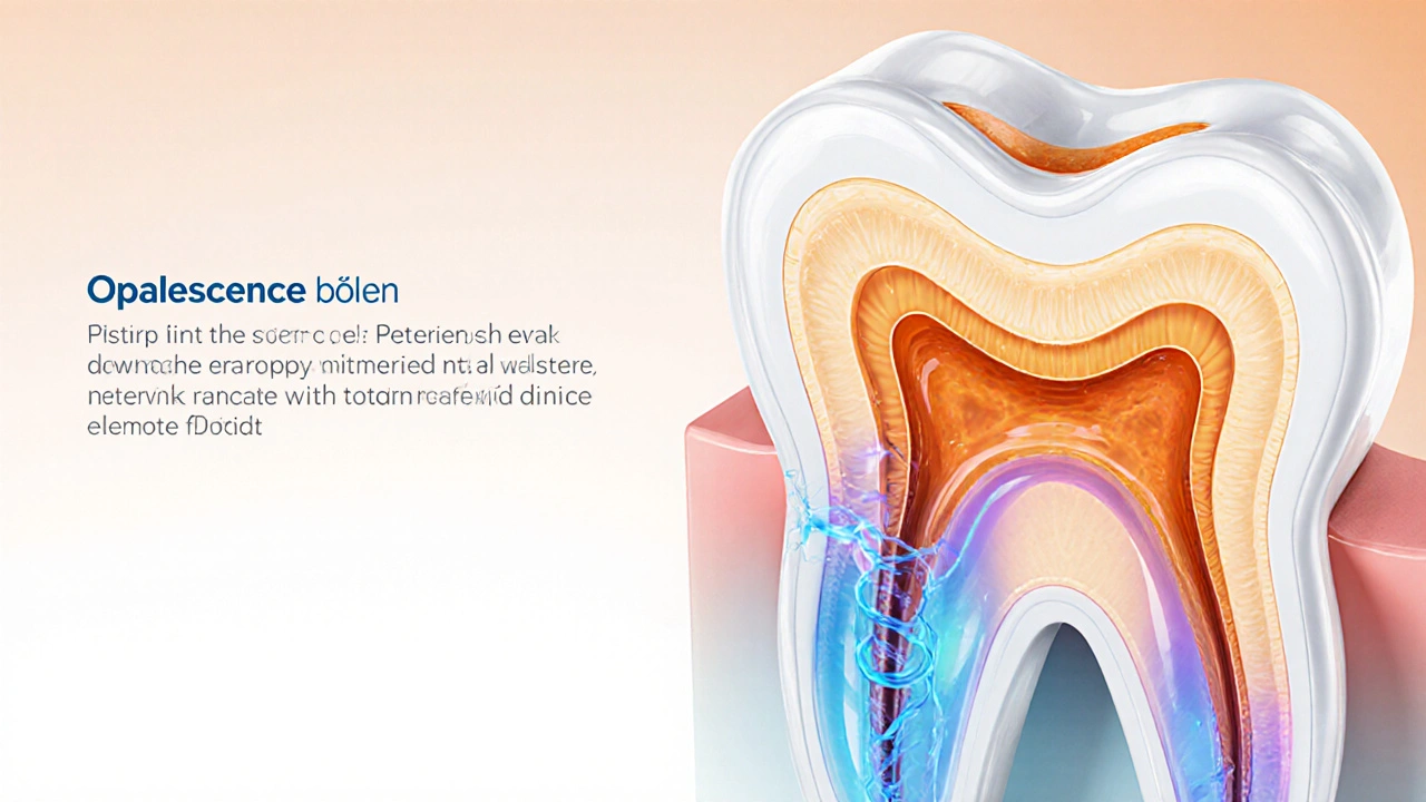 Průřez zubu s aktivními látkami gelu rozkládajícími skvrny a chránícími sklovinu.