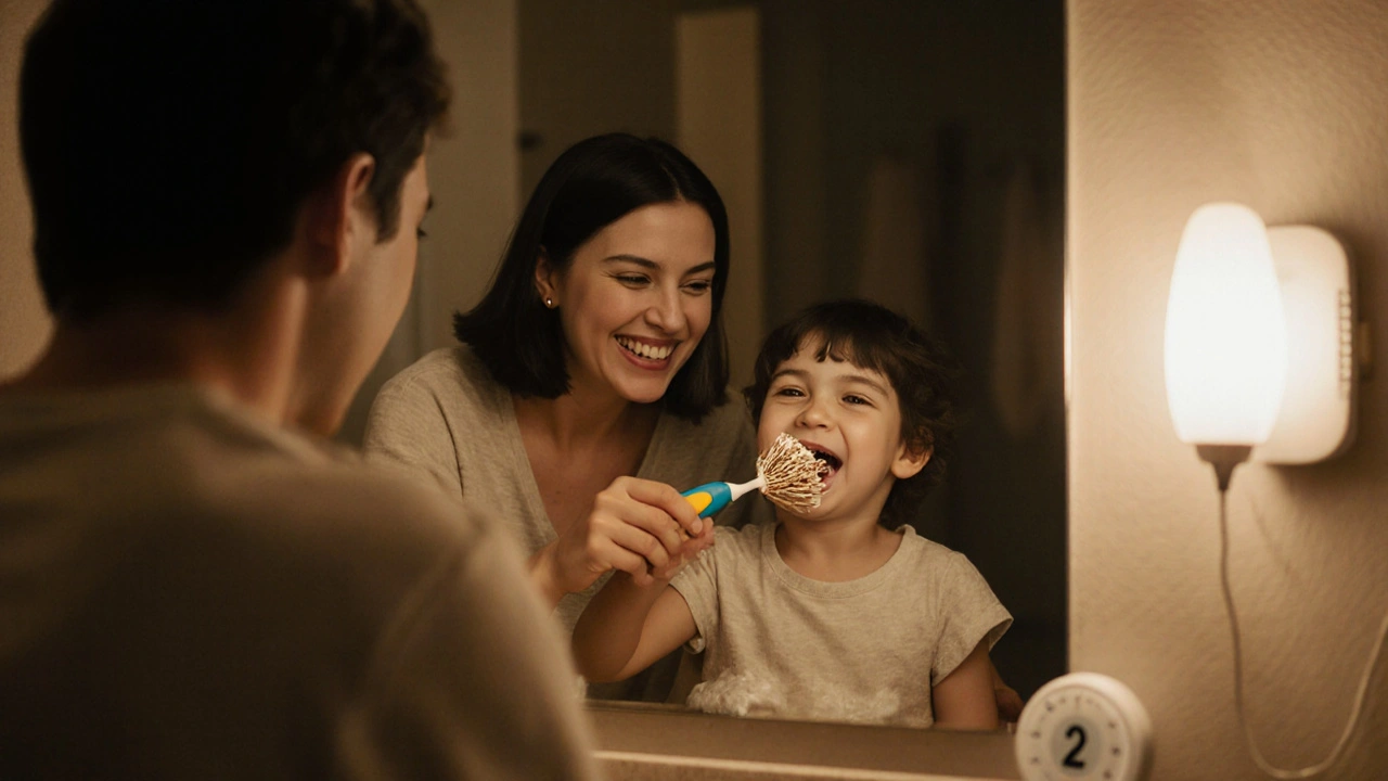 Rodič a dítě společně čistí zuby ve vaně, oba se usmívají, viditelný časovač a kartáček s hrdinou.
