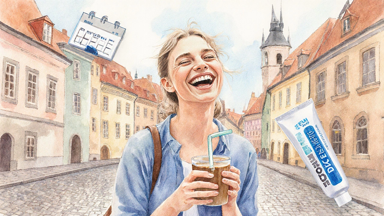 Spokojený člověk po bělení zubů užívá běžný život s úsměvem.