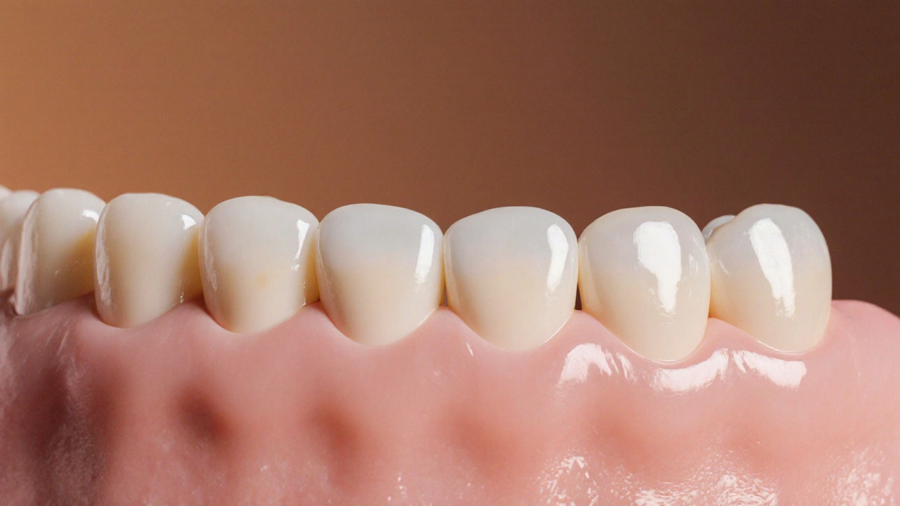 Three ceramic crowns side by side showing differences in quality and appearance.