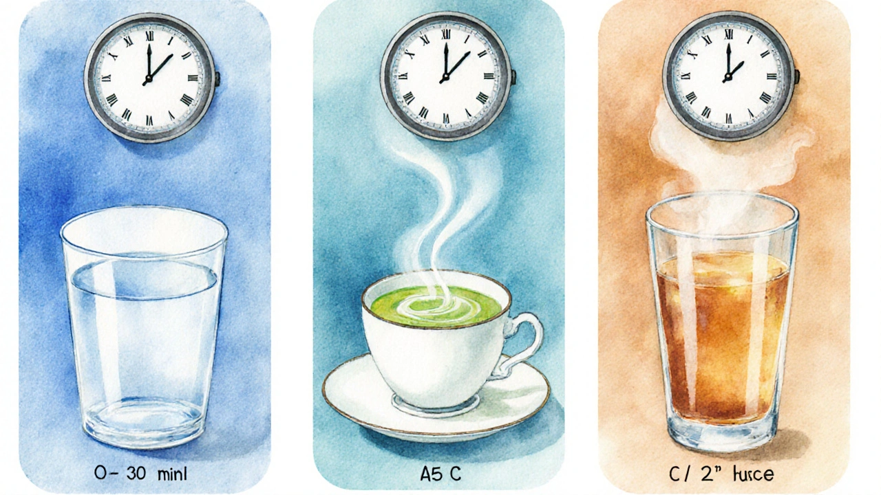 Tři vodové akvarelové panely ukazují vodu, čaj a kávu během čekacích intervalů.