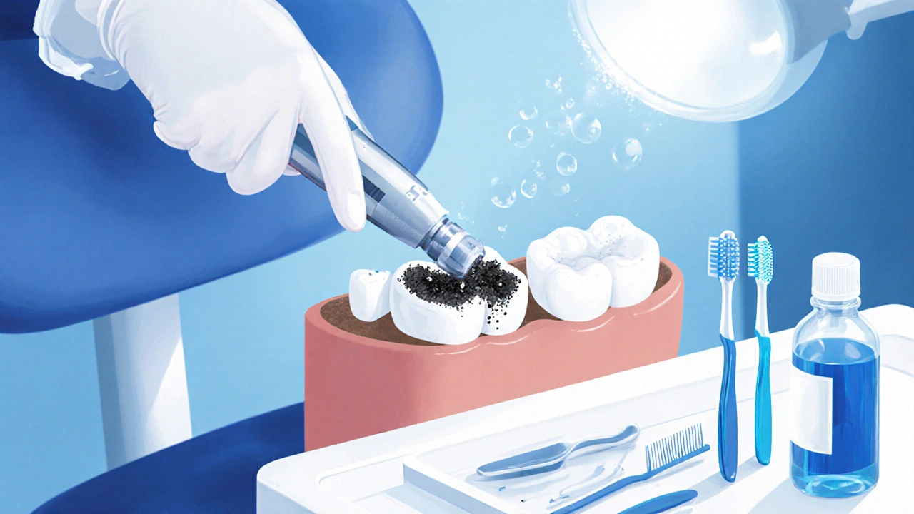 Zubní hygienistka odstraňuje černý kámen ultrazvukovým skalerem, nástroje ústní hygieny vedle.