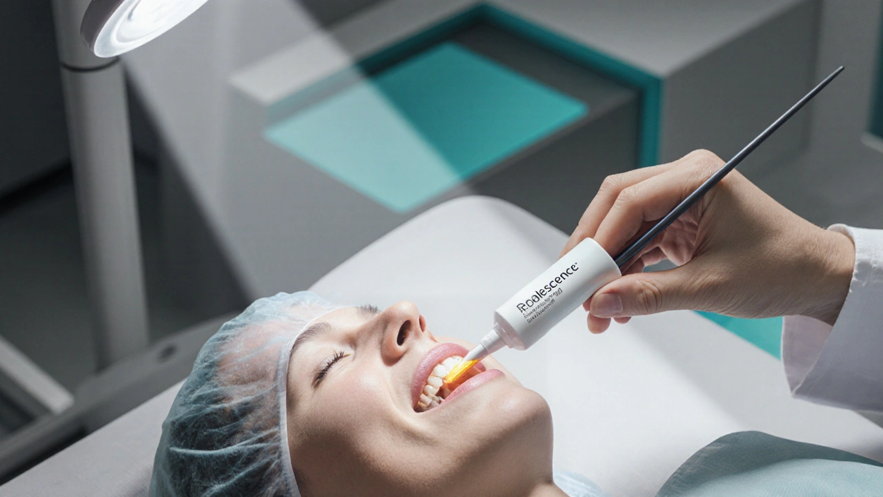 Zubní lékař aplikuje bělící gel na výplň v moderní ordinaci