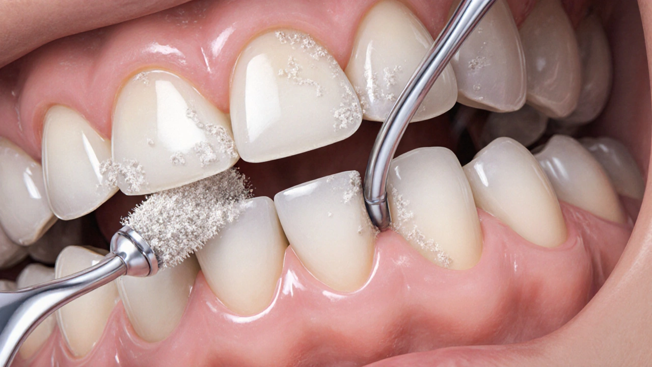 Blízký pohled na zubní most čištěný zakřiveným mezizubním kartáčkem.