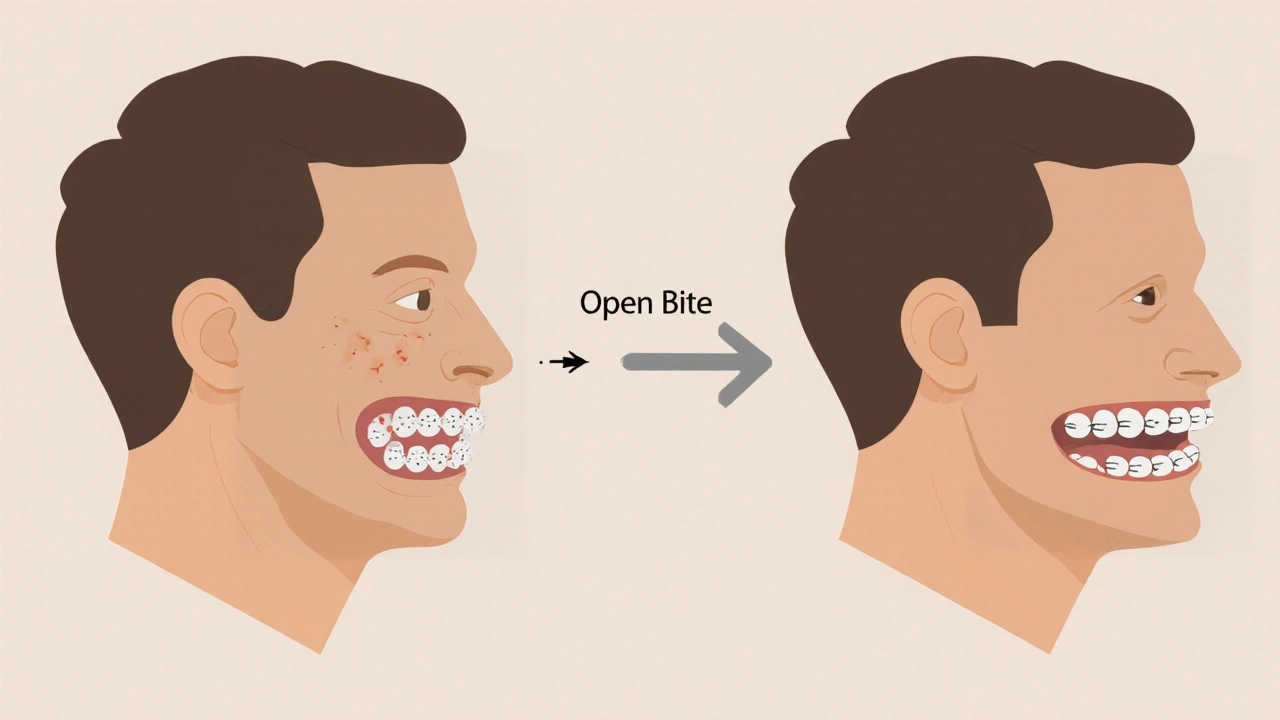 Boční pohled na postupné opravení otevřeného skusu pomocí rovnátek.