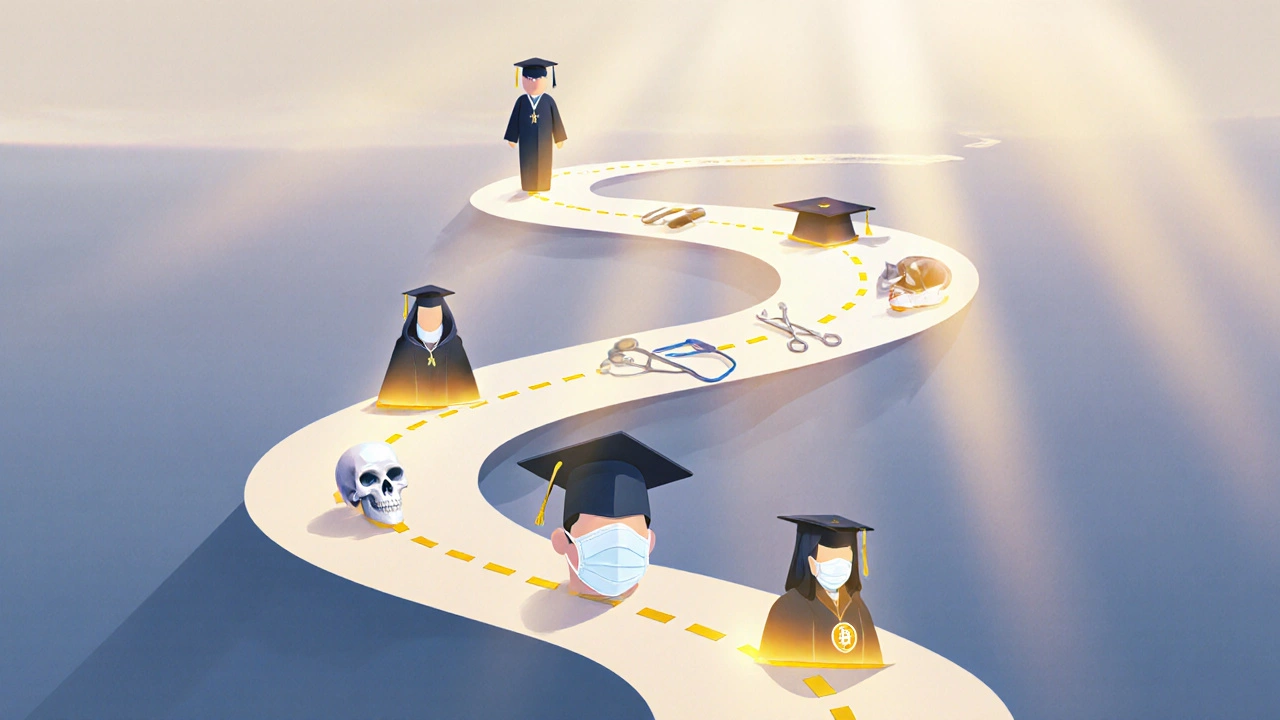 Cesta od bakaláře k specialistovi v maxilofaciální chirurgii s význačnými kroky.