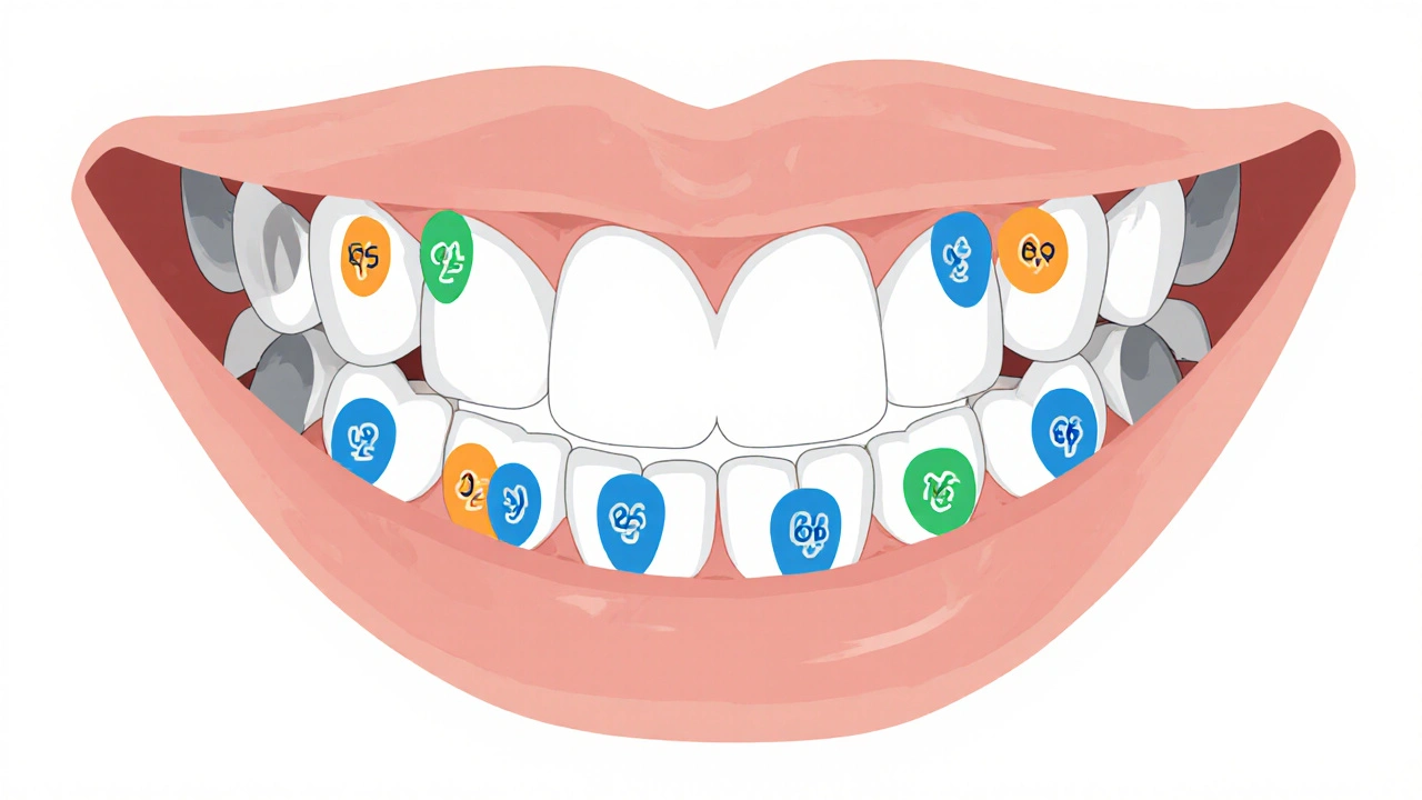 Čistý diagram s číselným označením zubů podle FDI systému, barevně kódovaný podle typu.