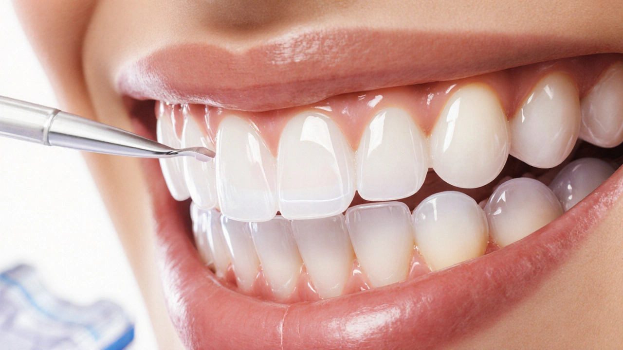 Close-up of ceramic veneers being placed on front teeth with minimal enamel removal.