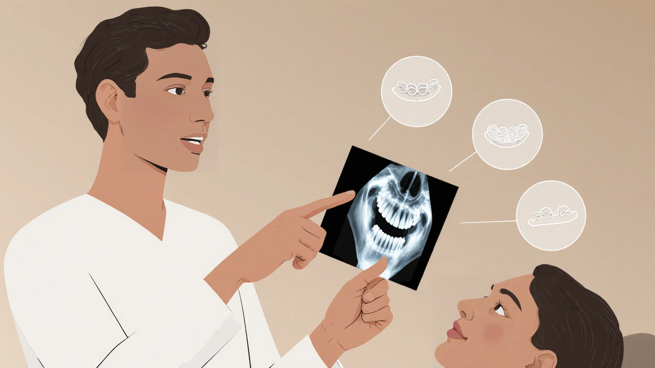 Dentist ukazuje pacientce tři možnosti léčby mezery mezi zuby v klidné klinice.