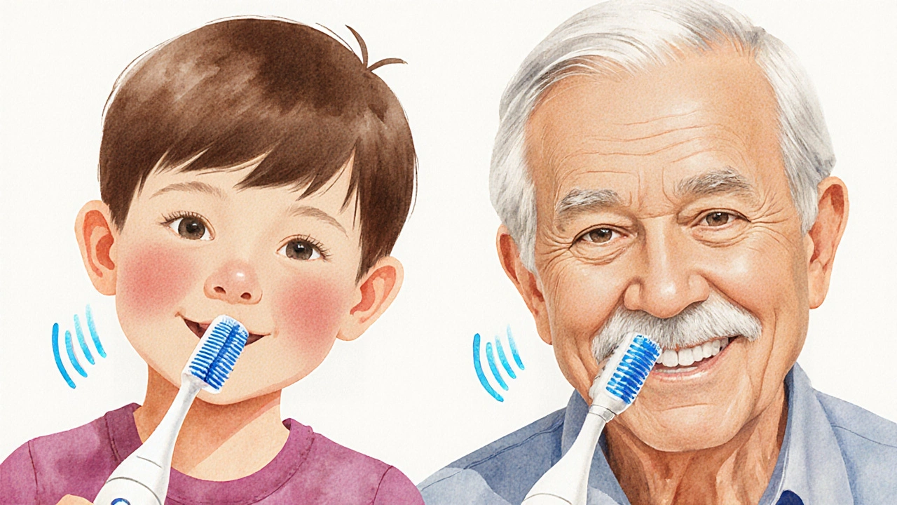 Dítě a starší osoba používají sonické kartáčky Curaprox s klidným výrazem.