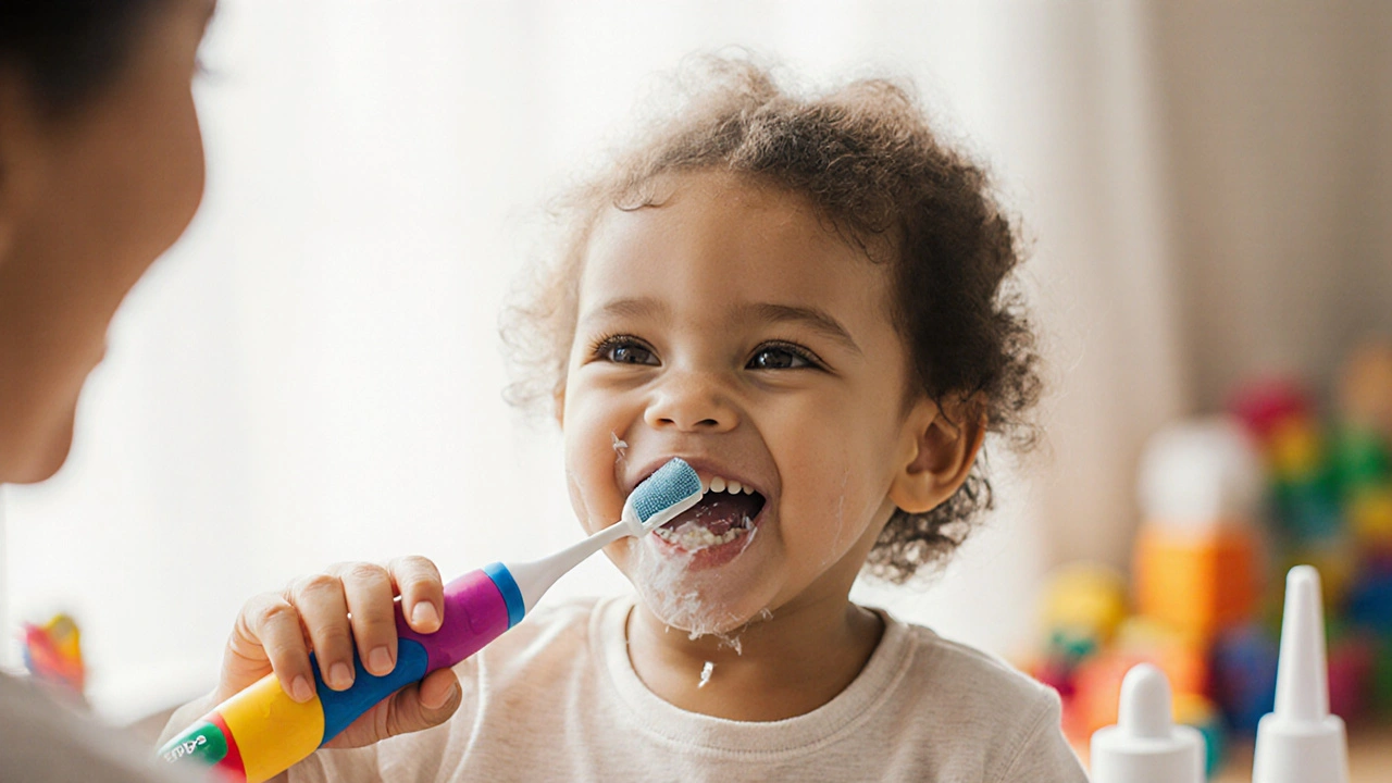 Dítě používá barevný sonický kartáček Curaprox s radostí a bez bolesti.