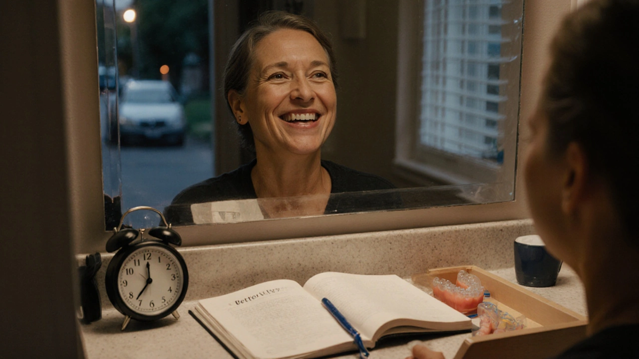 Dospělá osoba se dívá do zrcadla s průhlednými vyrovnávači, ranní světlo, odstraněné staré zuby v pozadí.