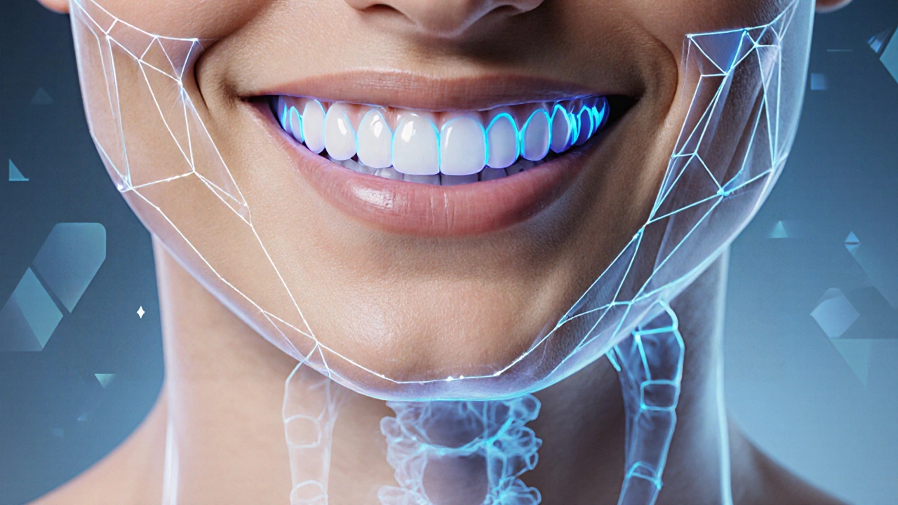 Invisible lingual veneers on inner teeth surface, overlaid with digital jawbone alignment.