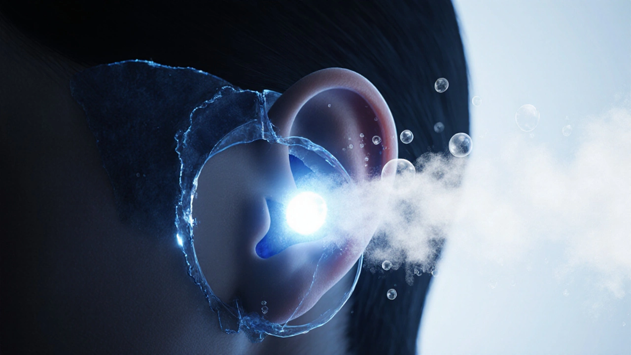 Koncepční obrázek zdravého a poškozeného ušního kanálu s ochrannou bariérou.