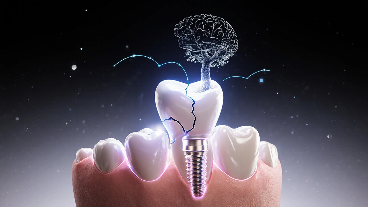 Koncepční znázornění různých způsobů obnovy zubu: výplň, korunka a implantát.