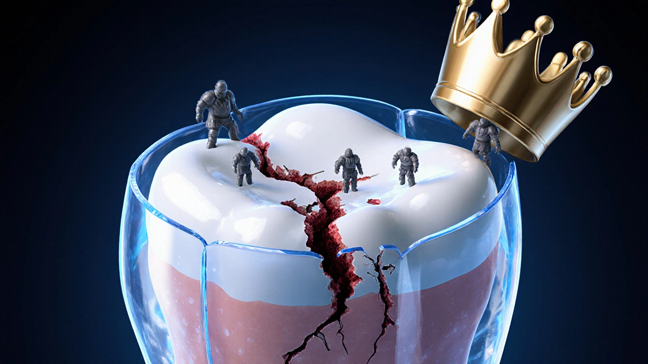 Konceptuální obrázek zubu jako hradu s poškozenou sklovinou a novou korunkou