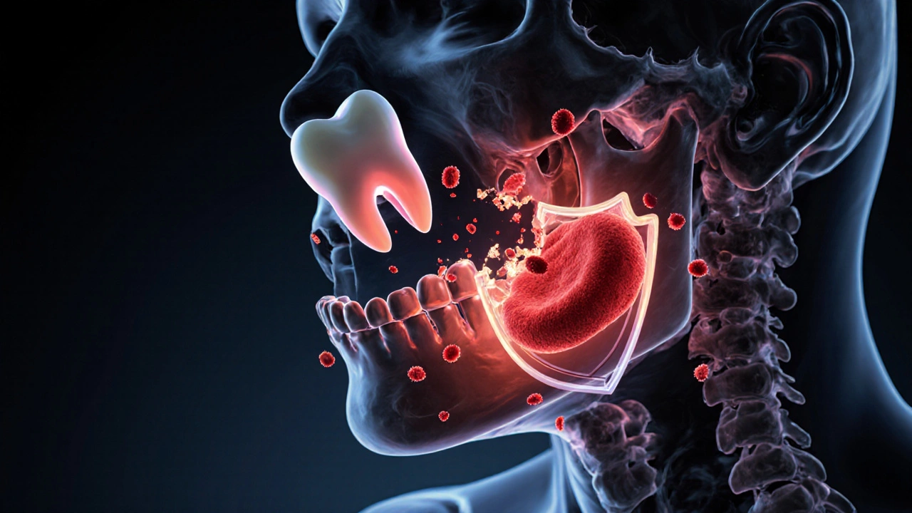 Kost čelisti s odtrženou krevní sraženinou a zánětem.