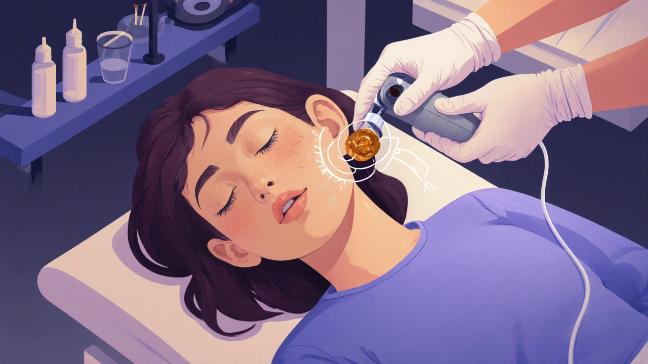 Lékař bezpečně očišťuje ucho nízkotlakou vodou.