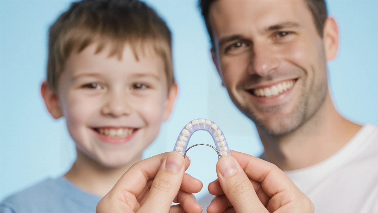 Malé ortodontické prvky vedle obrázků šťastných lidí s opraveným skusem.