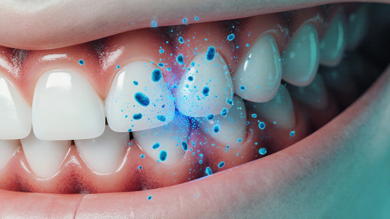 Mikroskopický pohled na bakterie plaku odstraňované sonickými vibracemi pod dásněmi.