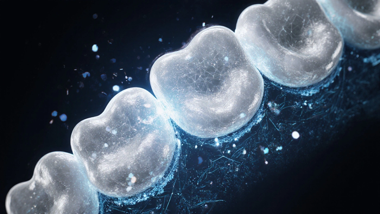 Mikroskopický pohled na zpevňování sklovinky aminofluoridem.