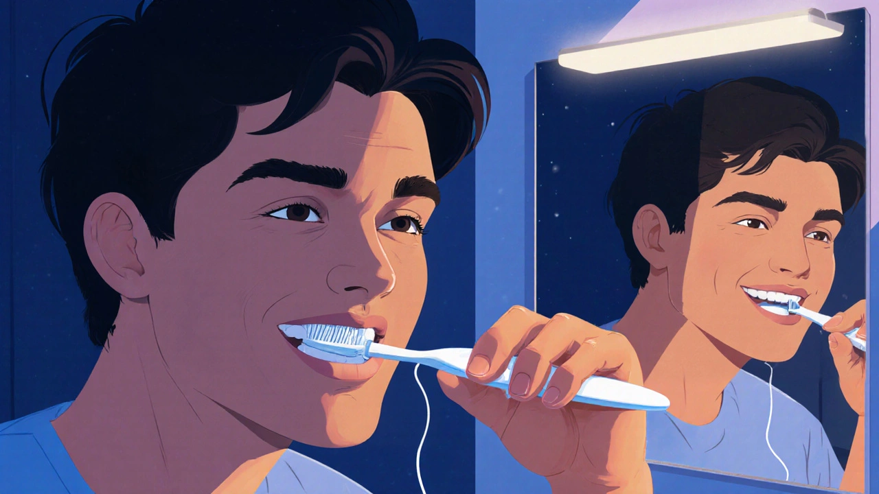 Osoba čistí zuby kartáčkem pod úhlem 45 stupňů k dásni večer.