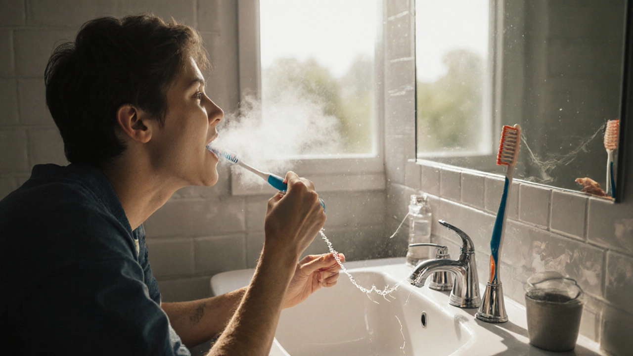 Osoba čistí zuby štětcem a nití, z úst stoupá neviditelný zápach.