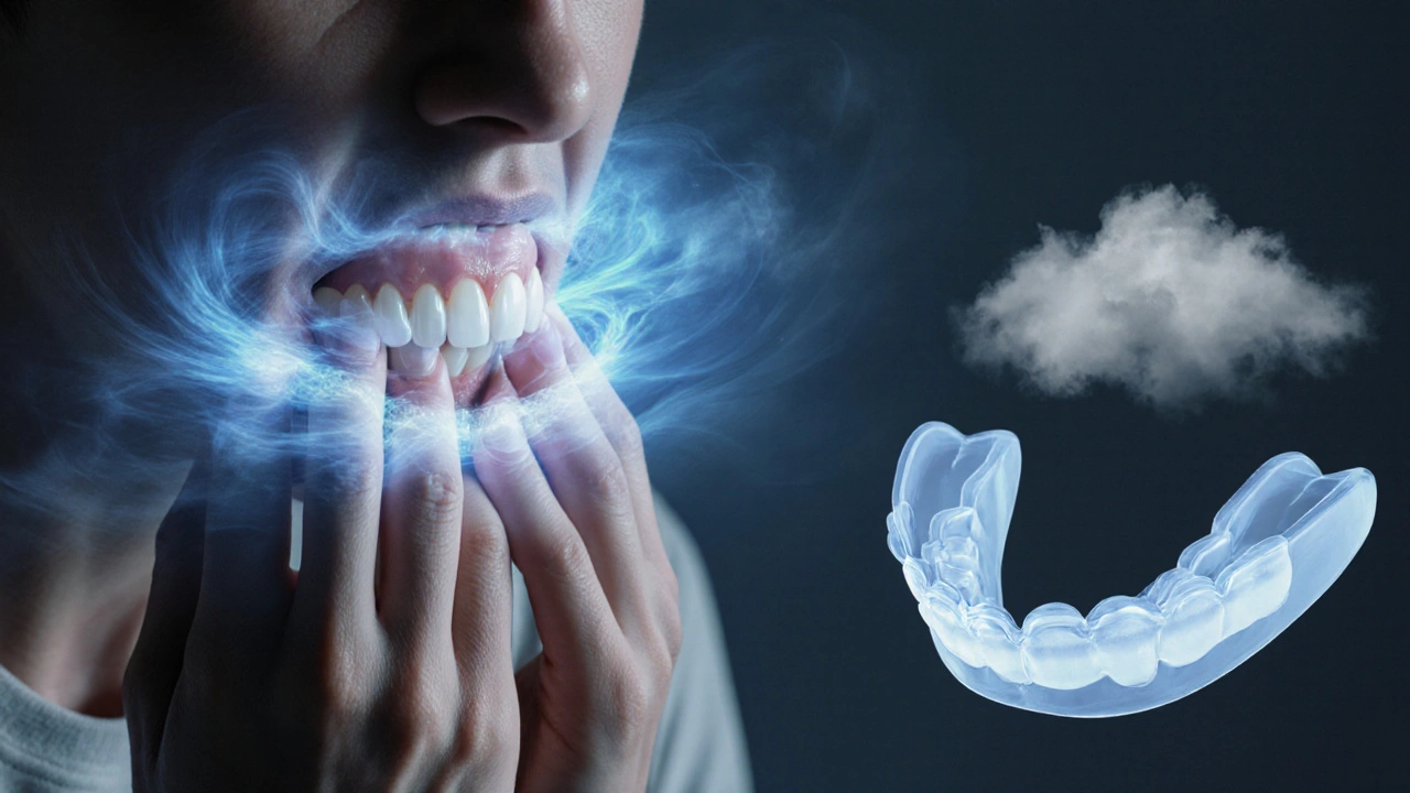 Osoba držící čelist v bolesti s představou skřípání zubů a tlaku.