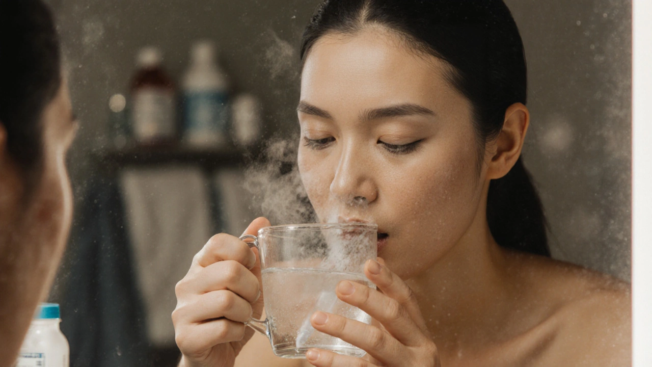 Osoba pláchnoucí ústa teplou solnou vodou po operaci.