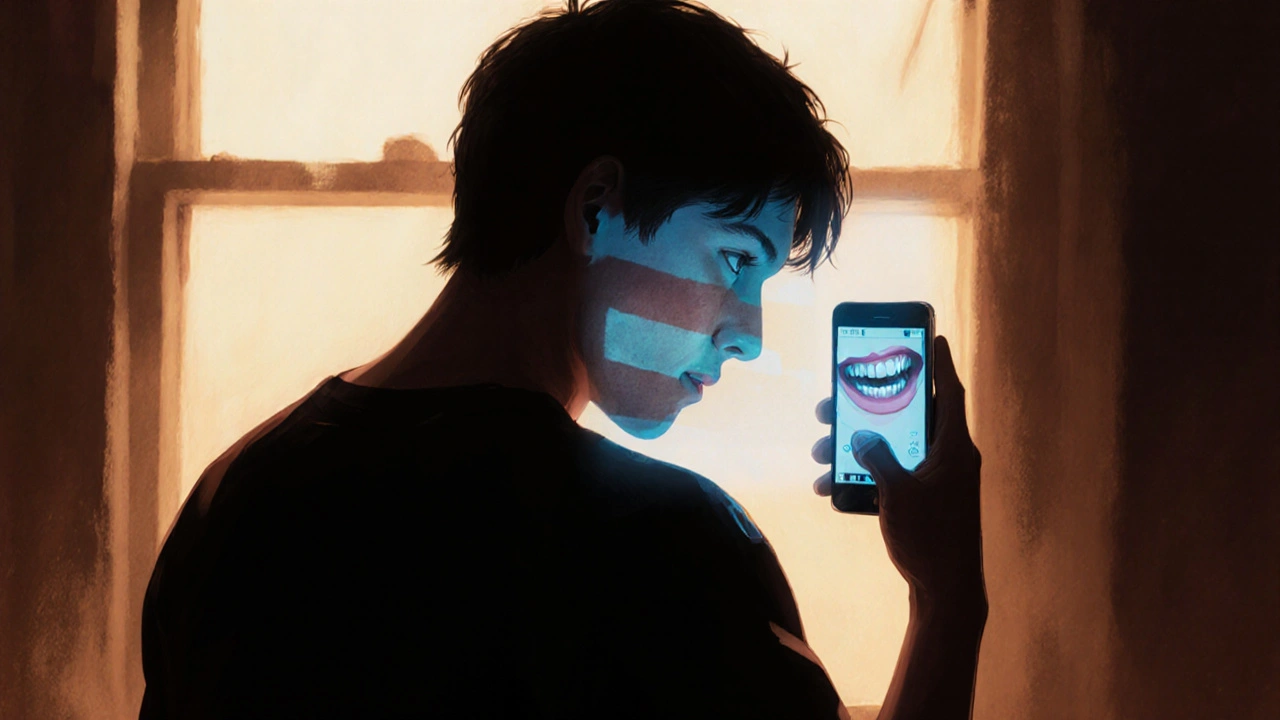 Osoba se obrací od fotoaparátu, za ní se jeví pruhované zuby jako stín.