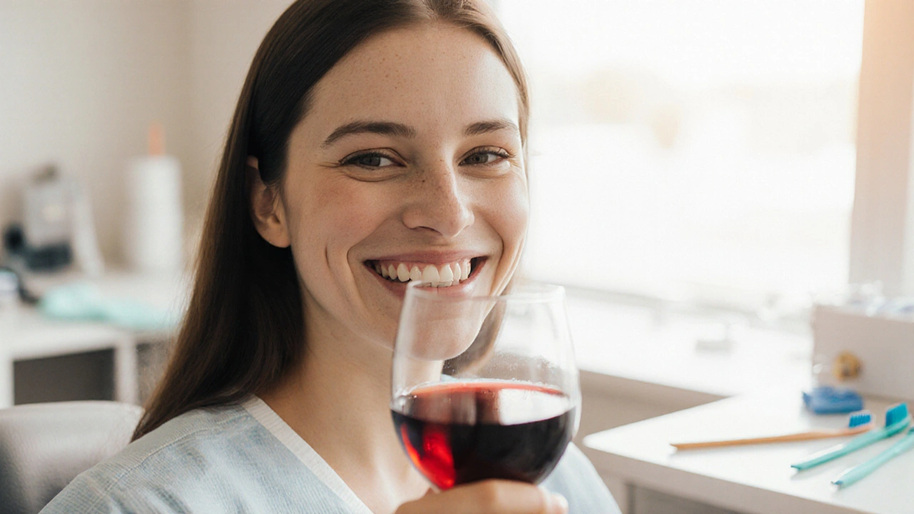 Osoba se širokým úsměvem drží červené víno, zuby jasně září po očištění.