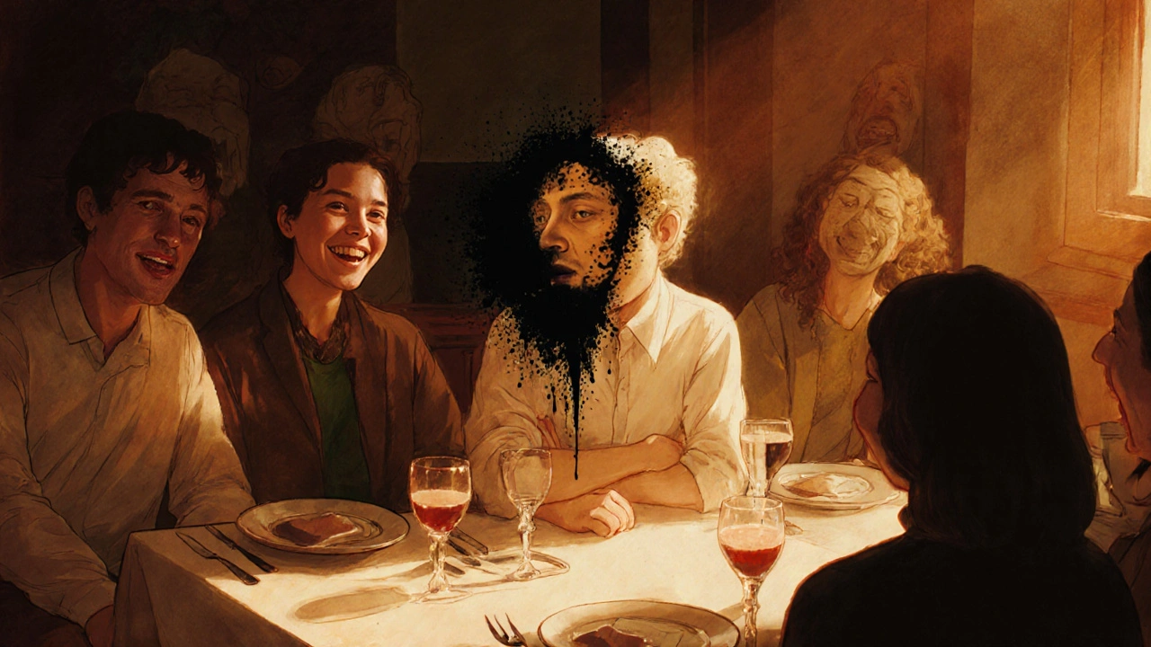 Osoba u večeře s přáteli, ale s uzavřenými ústy a vyhýbající se pohledu, nad hlavou se vynořuje černý zubní kámen.