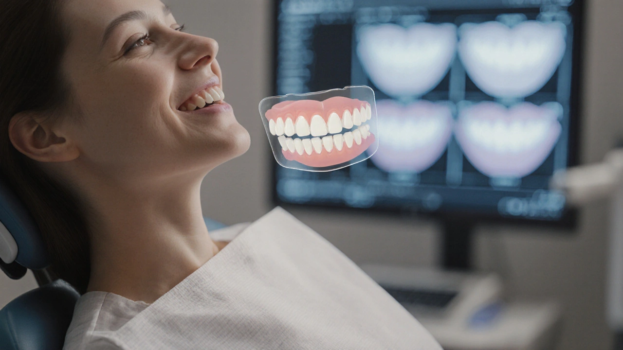 Pacient v ordinaci s přechodnou keramickou vrstvou nad zuby, digitální simulace na pozadí.