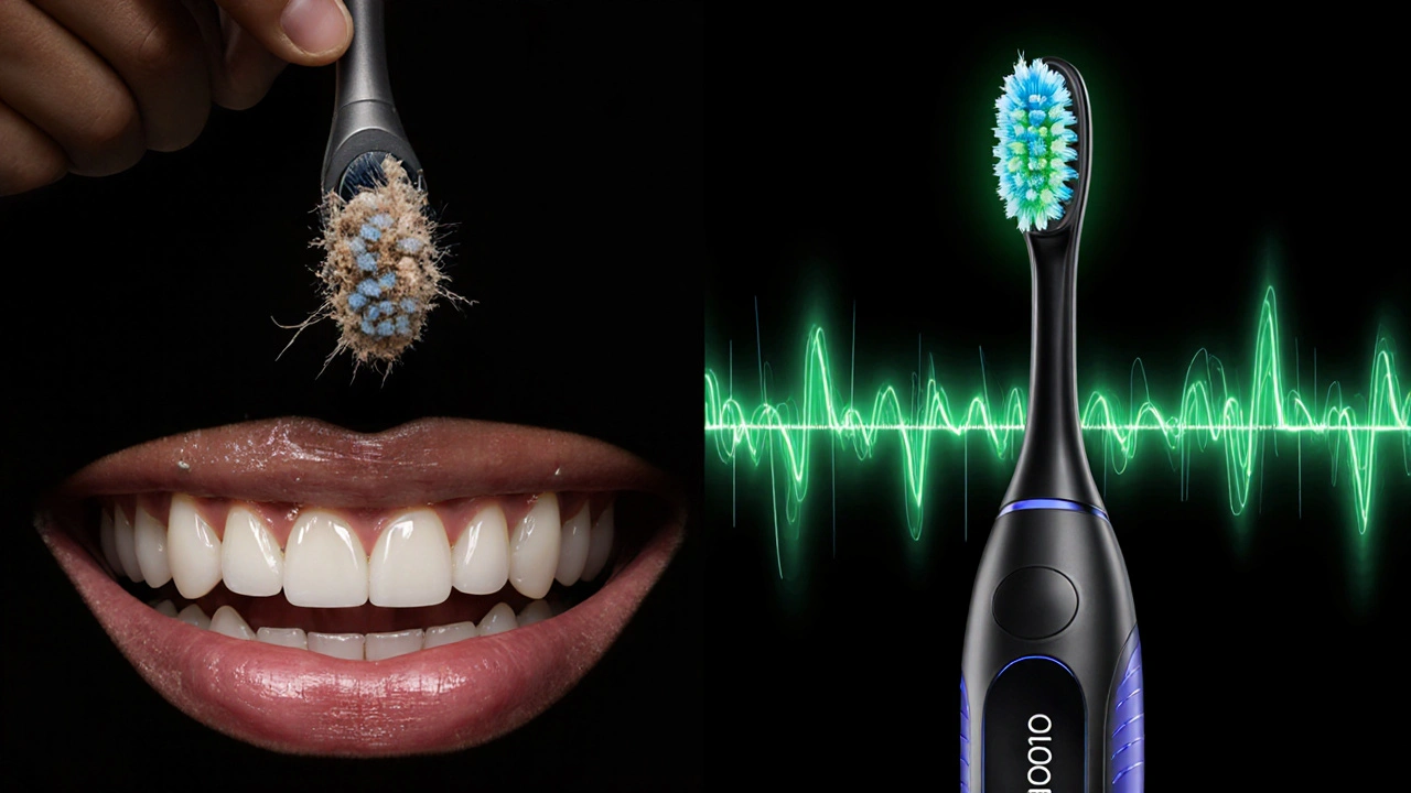 Porovnání ručního a sonického kartáčku: plak vs. čistota zubů.