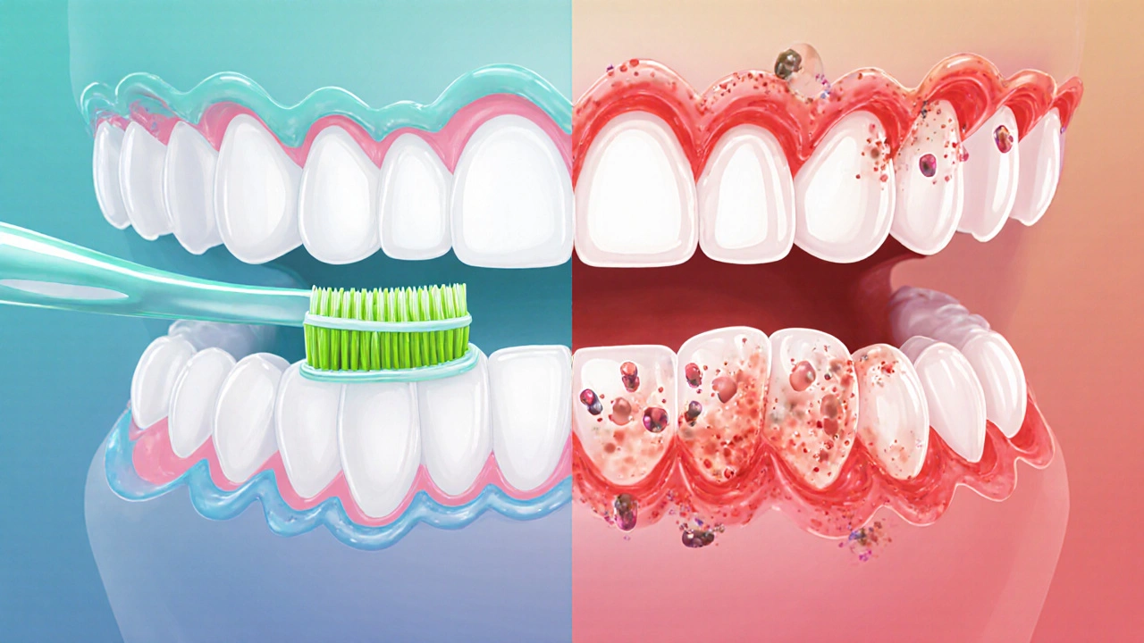 Porovnání zdravé a zánětlivé dásně s mezizubními kartáčky.