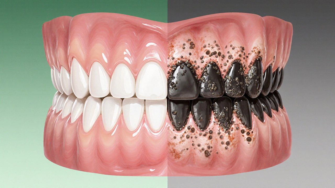 Porovnání zdravého a postiženého zubního krajíče s nánosy zubního kamene.