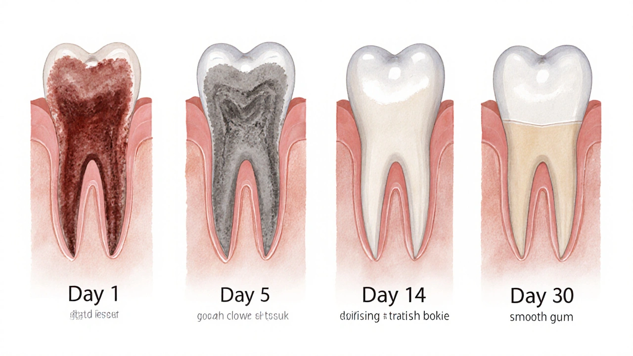Postup hojení díry po extrakci zubu ve čtyřech fázích.