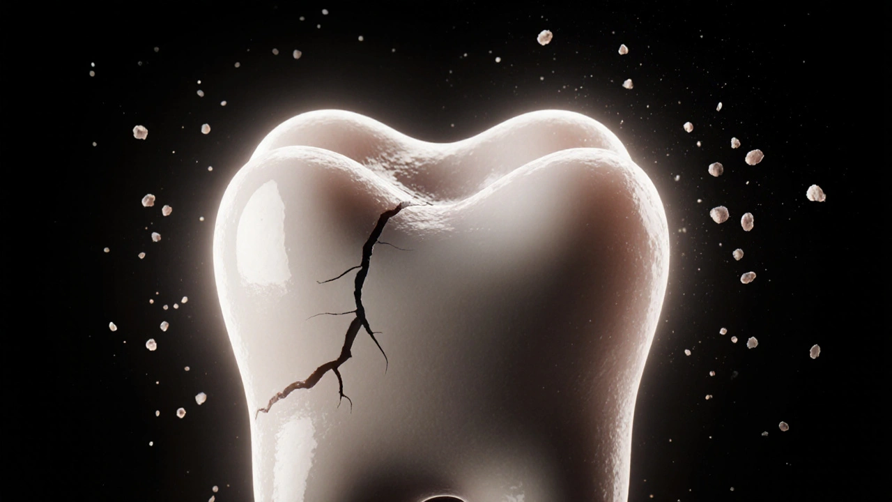 Prasklý přední zub s vystaveným zubním nervem a jemným zářením.